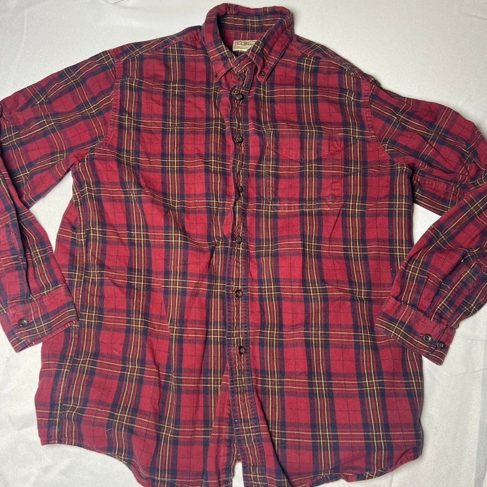LL Bean Men's Red Plaid Long Sleeve Button Down‎ Shirt Size Large